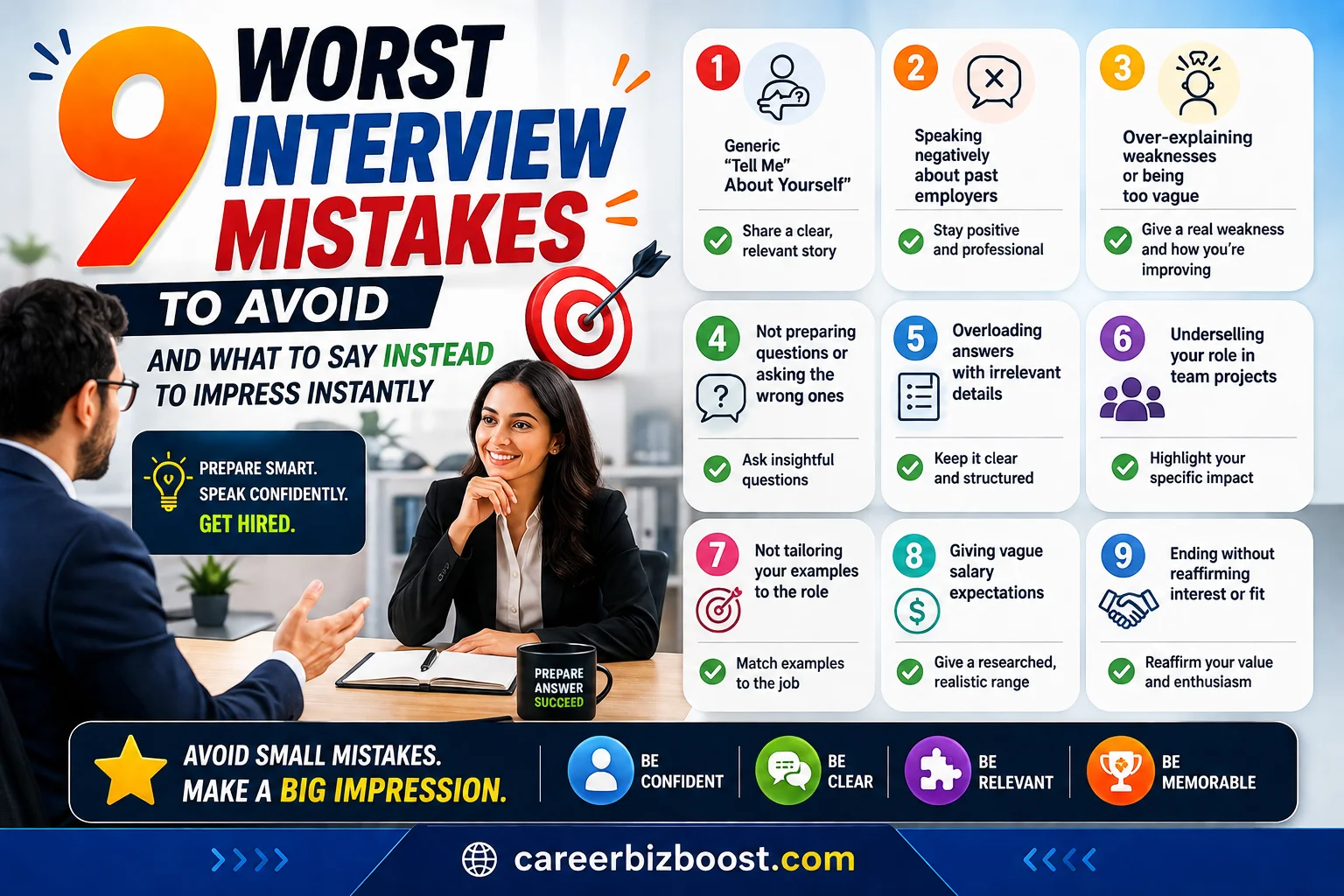 Interview mistakes to avoid illustration showing common job interview errors and how to impress with better answers