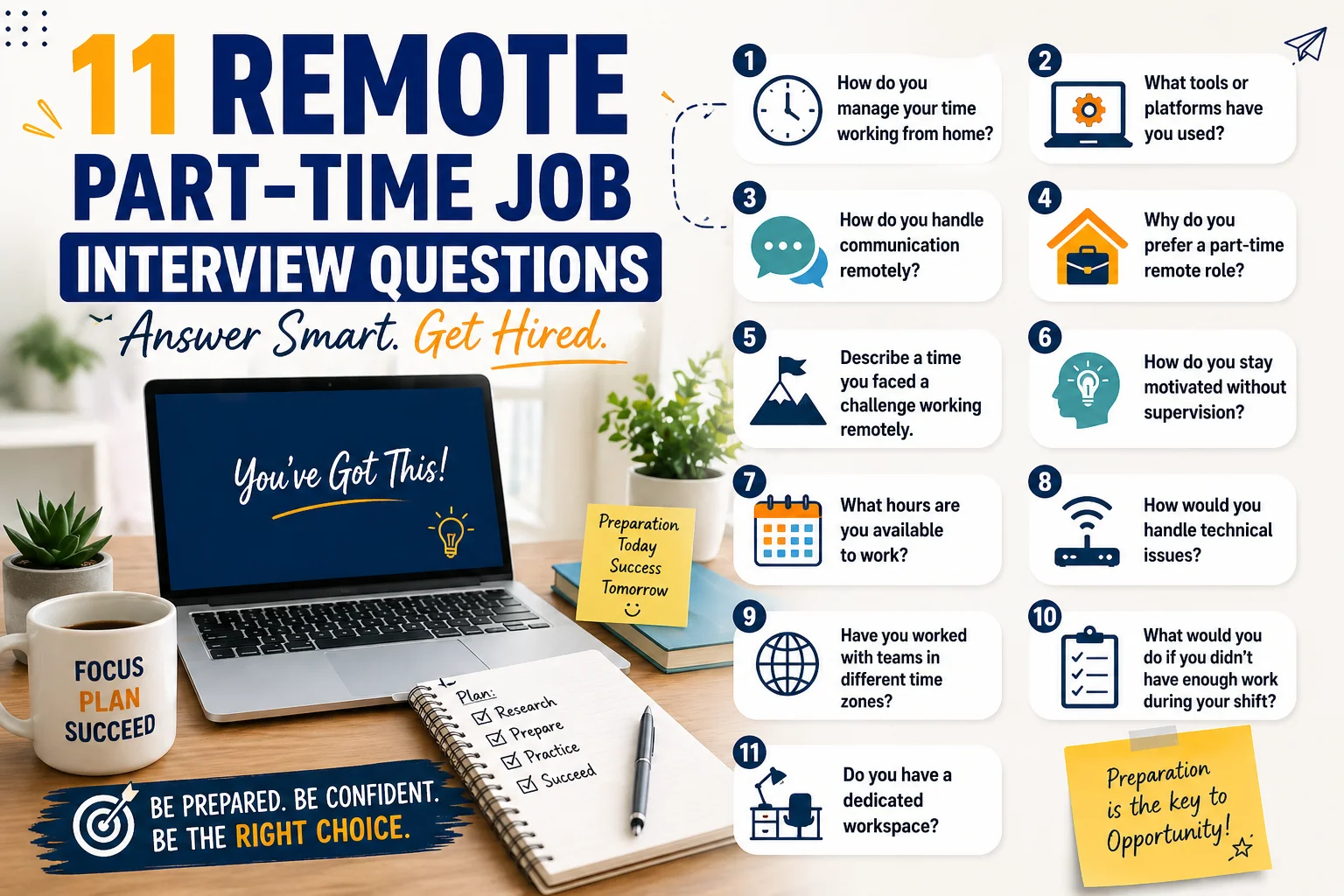 list of remote part time job interview questions including time management communication tools motivation and remote work challenges
