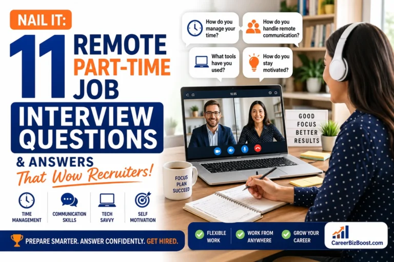 Remote part time job interview questions virtual interview candidate answering recruiter questions on laptop from home office