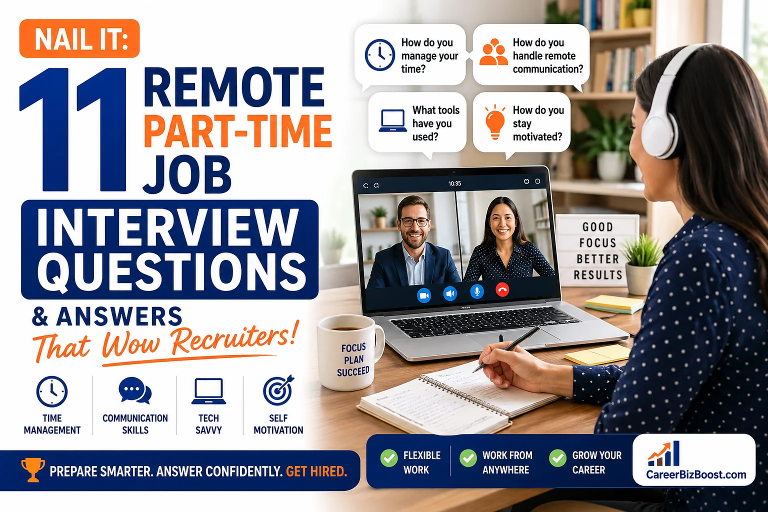 Remote part time job interview questions virtual interview candidate answering recruiter questions on laptop from home office