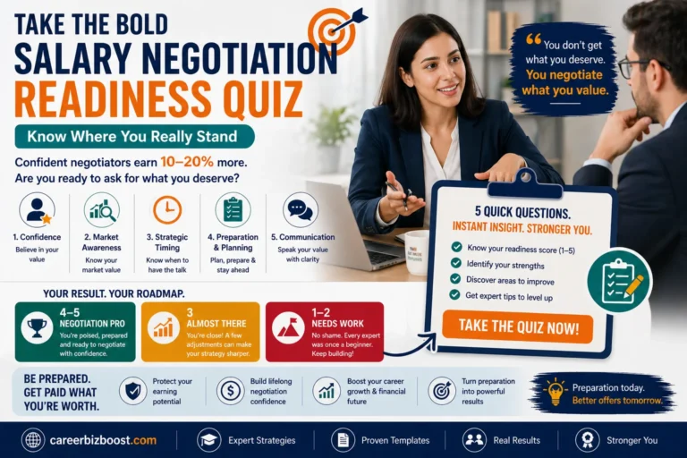 salary negotiation readiness quiz showing professional assessing confidence market awareness timing and communication before negotiating salary