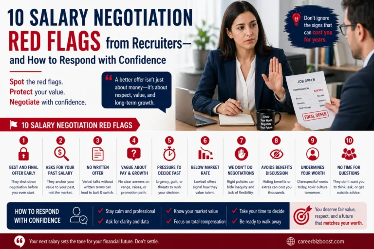 salary negotiation red flags shown during job offer discussion with recruiter including lowball offer pressure tactics and vague compensation details