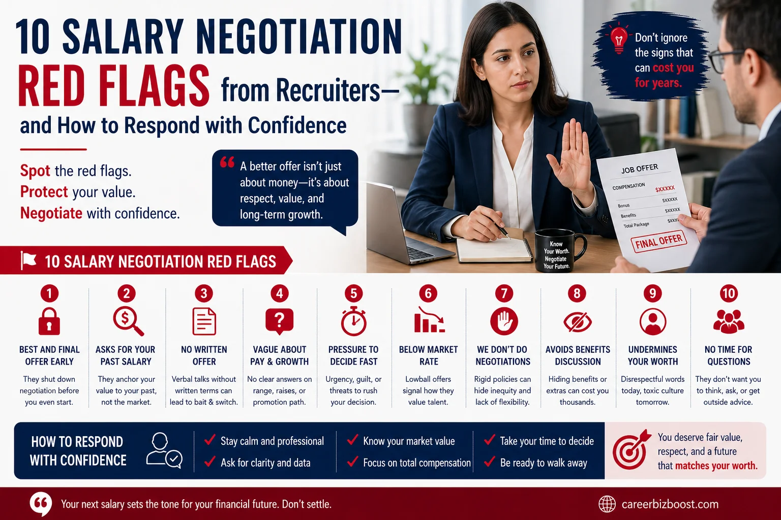 salary negotiation red flags shown during job offer discussion with recruiter including lowball offer pressure tactics and vague compensation details