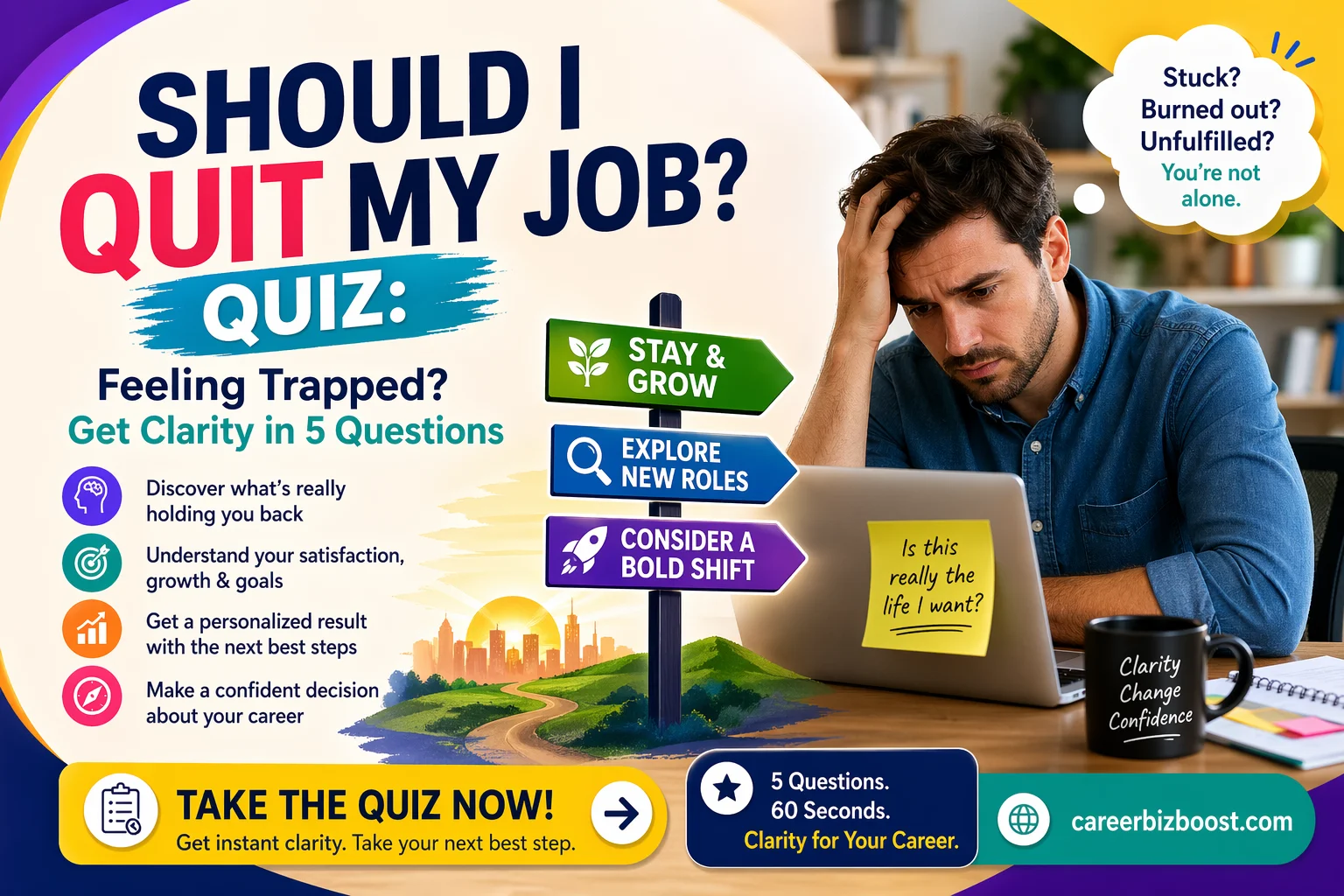 Professional looking stressed employee thinking about career decisions with “should i quit my job quiz” concept showing options like stay, explore new roles, or make a bold shift
