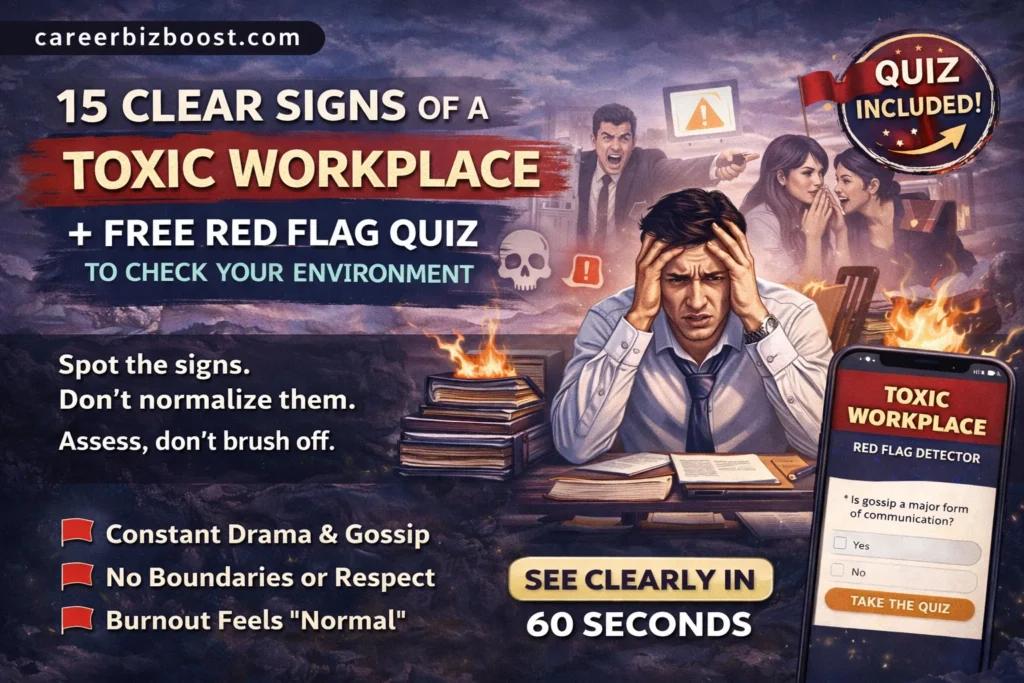 Illustration showing signs of a toxic workplace including stress, gossip, burnout, lack of respect, and workplace conflict with a red flag quiz concept.