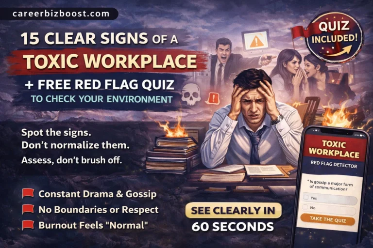 Illustration showing signs of a toxic workplace including stress, gossip, burnout, lack of respect, and workplace conflict with a red flag quiz concept.