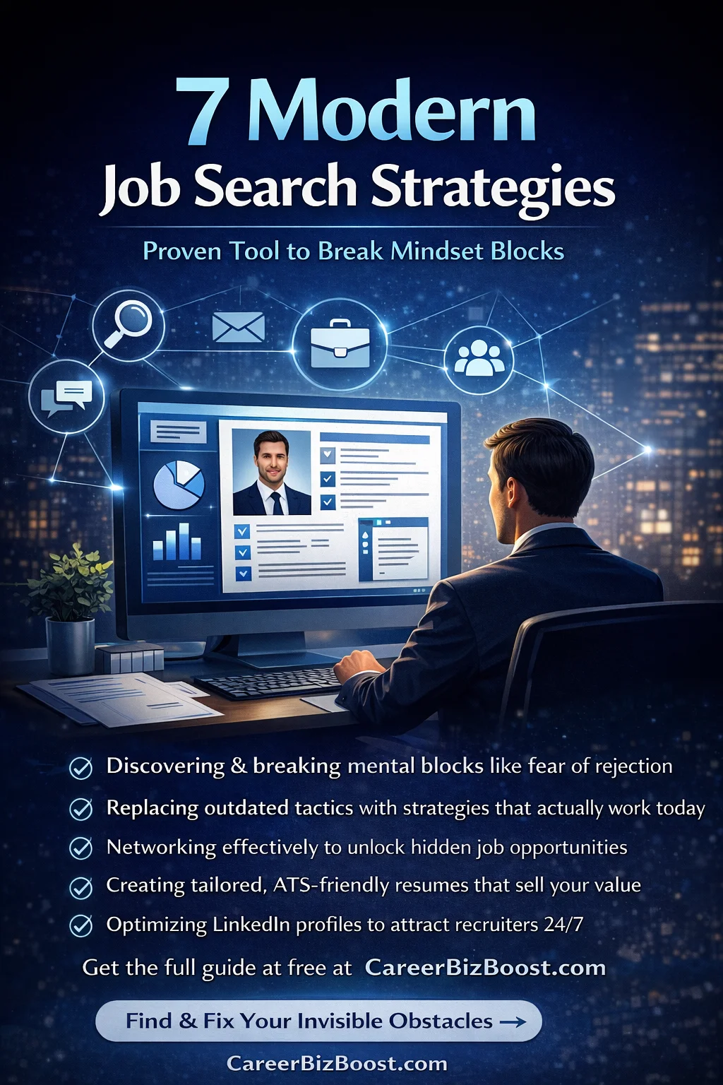Modern job search strategies infographic showing mindset tips, networking, resume optimization, and LinkedIn growth for faster job success