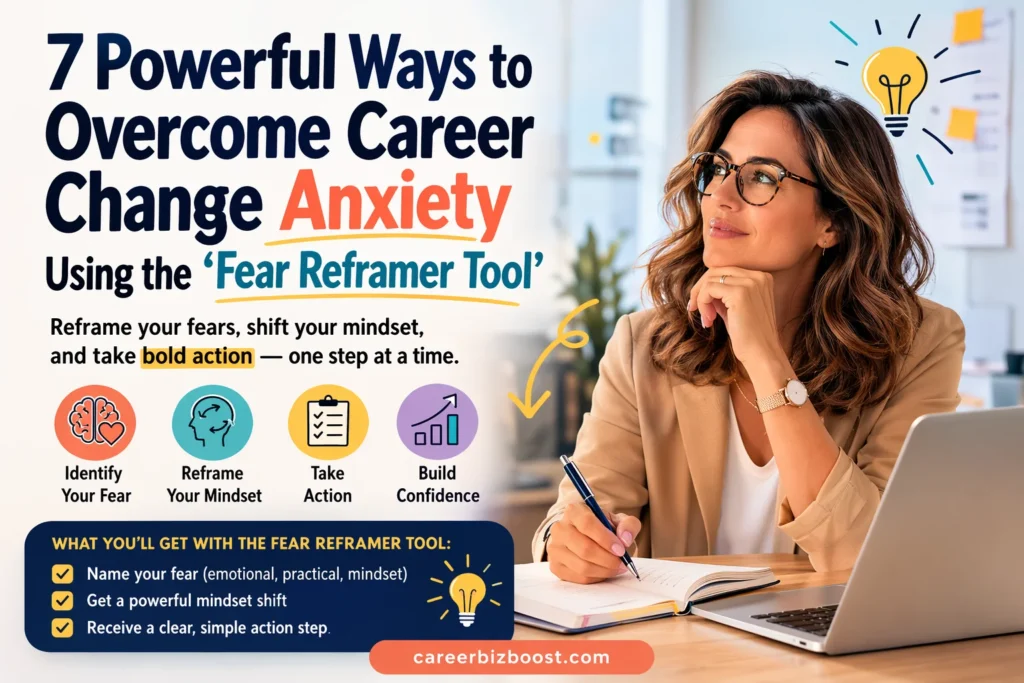 Professional woman reflecting on career decisions to overcome career change anxity using the Fear Reframer Tool