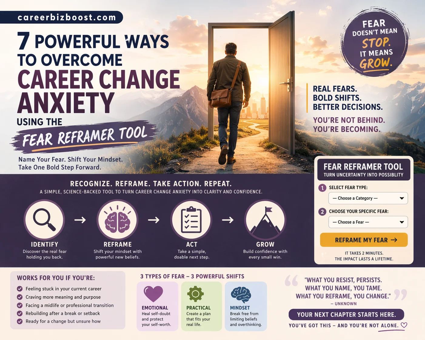 Overcoming career change anxity concept showing a professional walking through an open door toward new opportunities