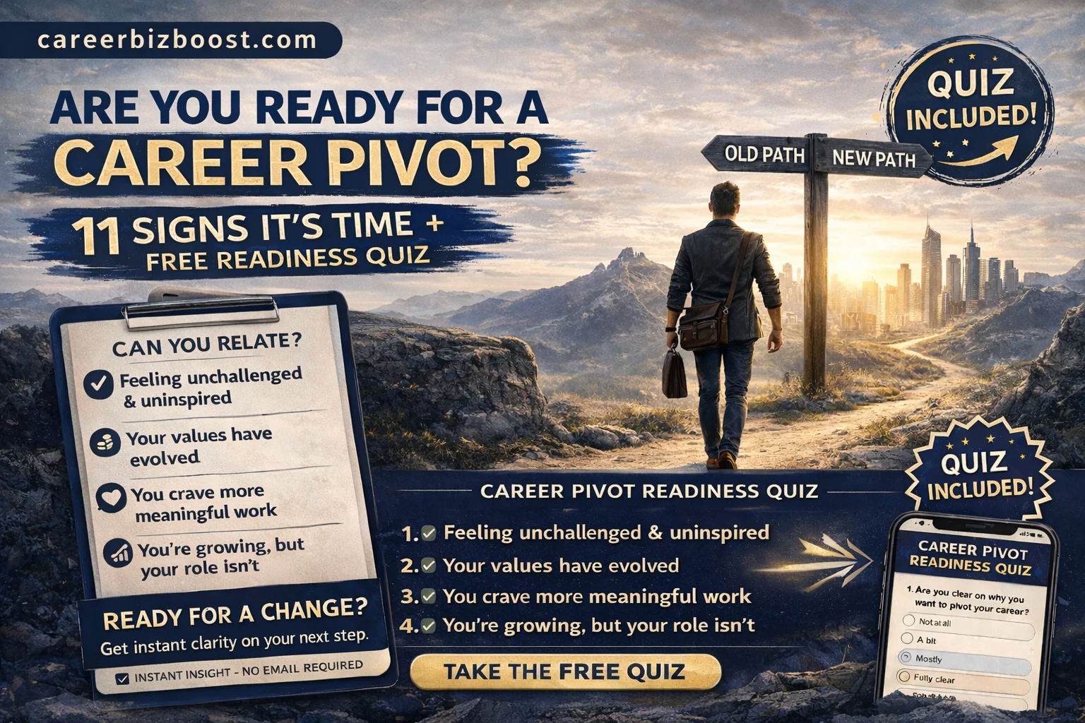Career pivot readiness quiz concept showing a professional choosing between old path and new path at a crossroads