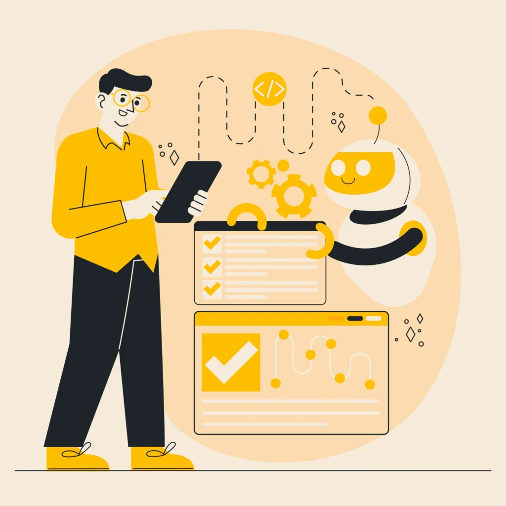 Illustration of a job seeker using AI-powered career tools on a tablet, assisted by a friendly robot automating tasks.