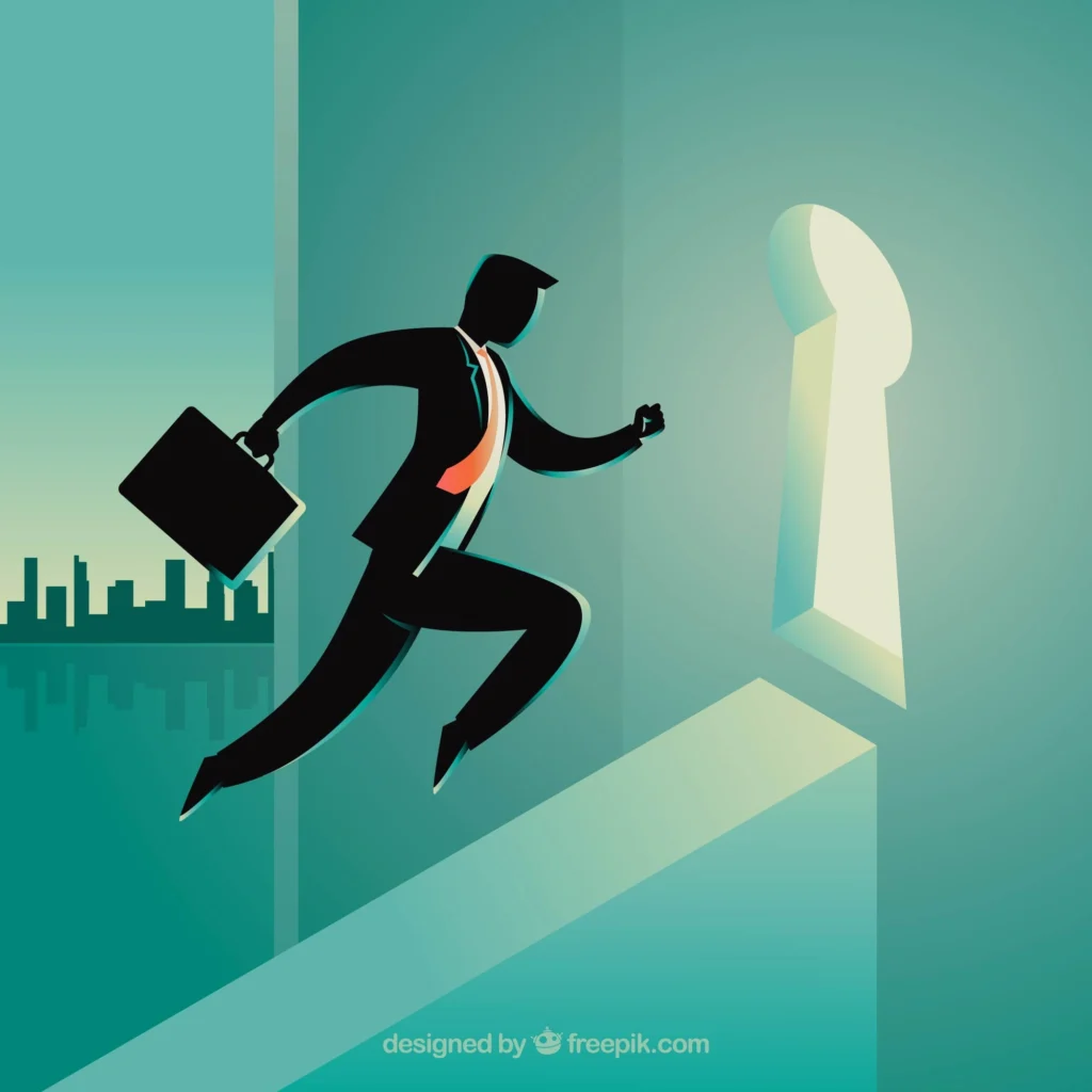 Professional man escaping through a keyhole-shaped opening, symbolizing overcoming career change anxiety and entering new possibilities.
