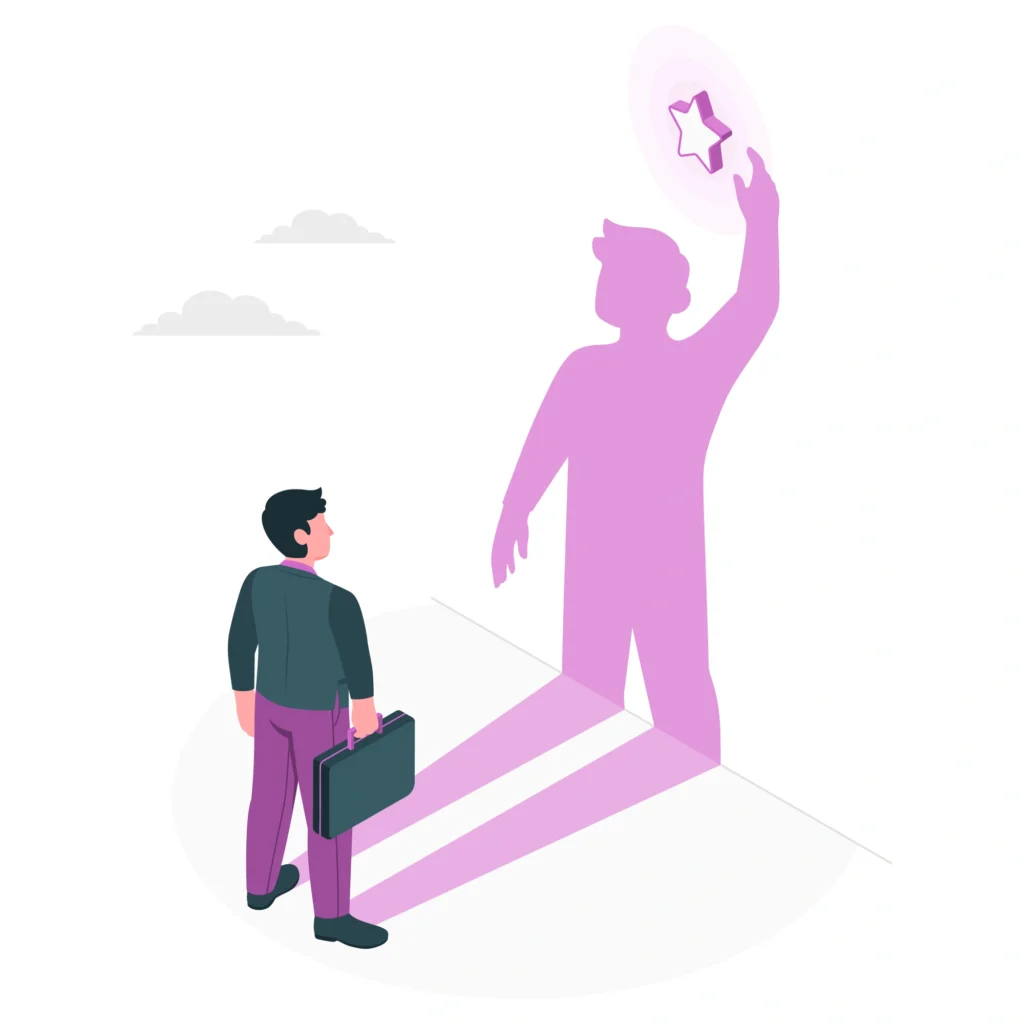 A professional man holding a briefcase looks up as his shadow reaches for a glowing star — symbolizing career pivot readiness and aspiration.