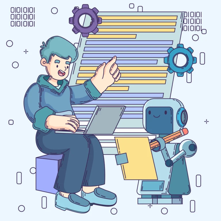 Illustration of a person learning with a robot assistant, symbolizing how to upskill with AI through personalized digital guidance.