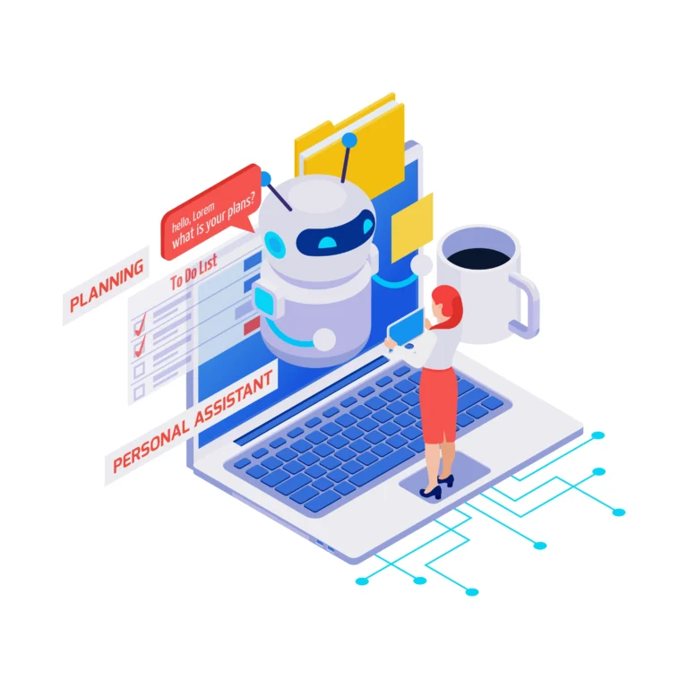 Illustration of a woman using a virtual assistant on a laptop, representing how to use AI for productivity at work.