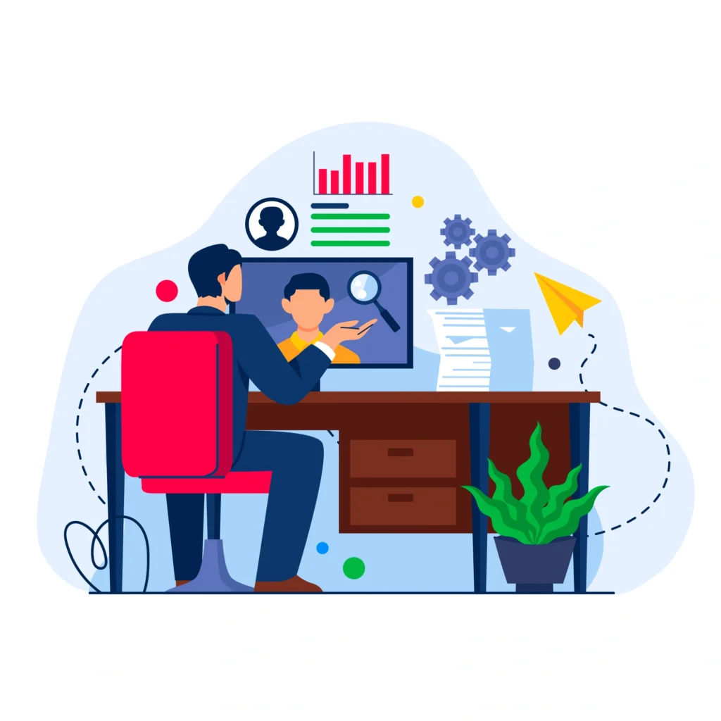 Illustration of a recruiter analyzing a candidate's profile on a computer screen, representing modern job search strategies