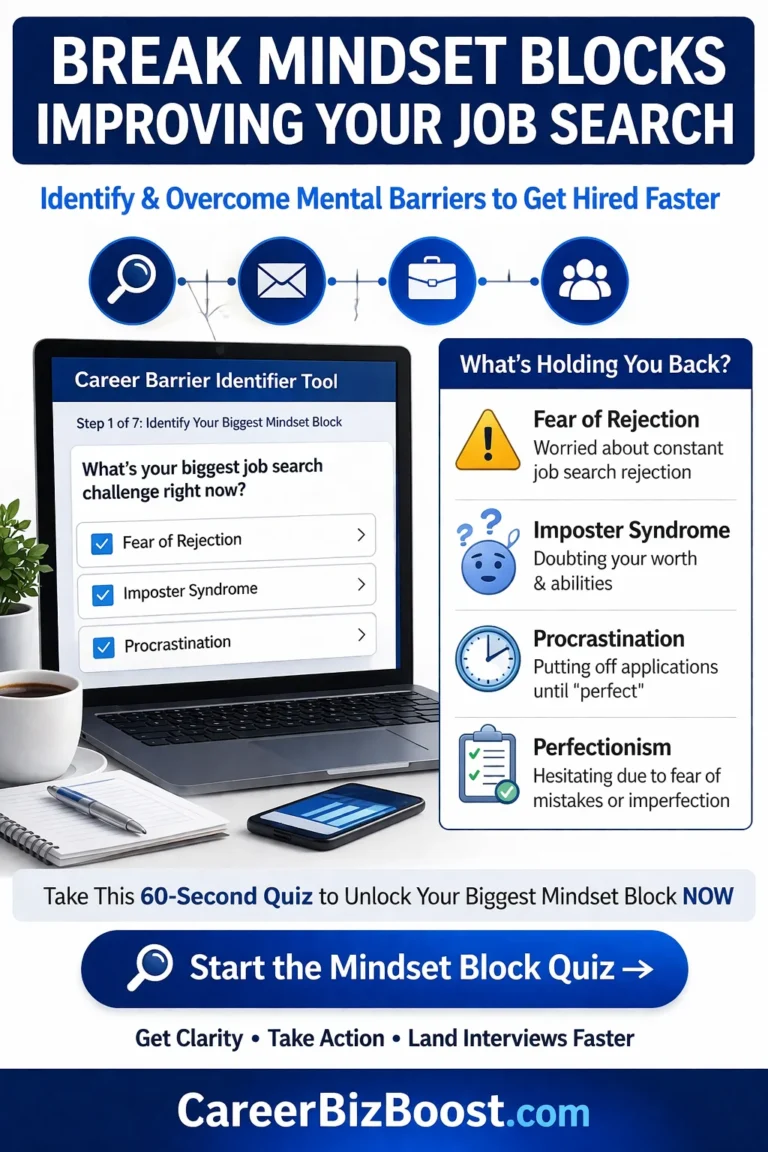 Modern job search strategies graphic showing mindset blocks like fear, imposter syndrome, and procrastination with a tool to improve job search success