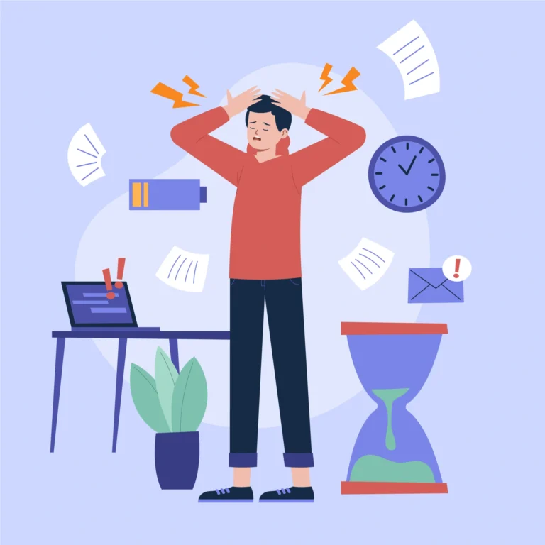 Illustration of an overwhelmed employee showing signs of a toxic workplace, including stress, low energy, and work overload.