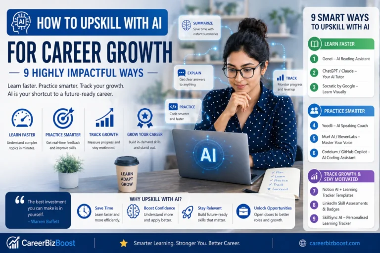 Professional learning with AI assistant on laptop, improving skills and accelerating career growth using AI-powered tools
