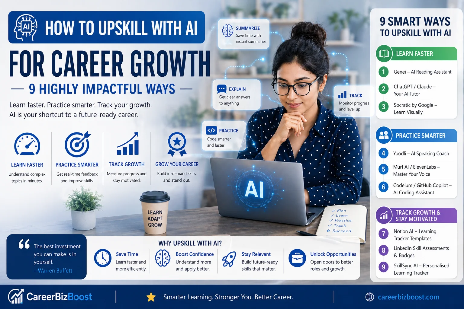 Professional learning with AI assistant on laptop, improving skills and accelerating career growth using AI-powered tools