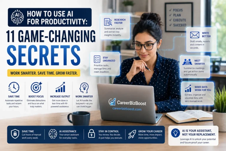 Professional using AI assistant on laptop to automate tasks, manage workflow, and improve productivity in a modern workspace
