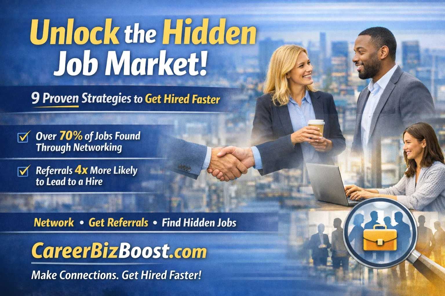 Hidden job market strategies showing professionals networking, referrals, and job search success tips