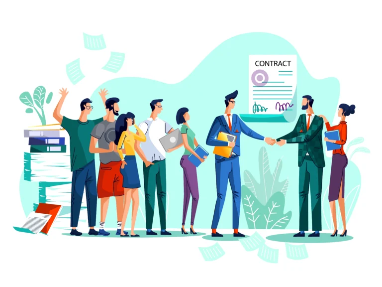 Business professionals networking and securing opportunities through the hidden job market, illustrated by a group of people connecting and signing a contract.