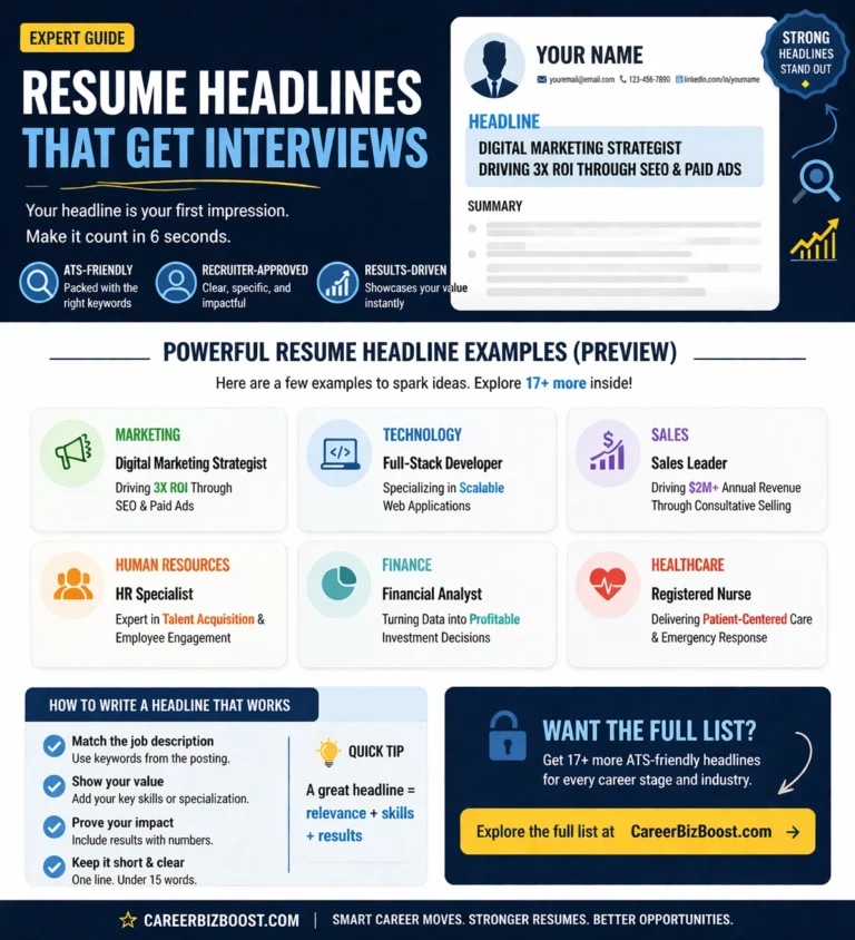 Resume headline examples shown on a digital resume, emphasizing how to make resumes stand out to hiring managers.