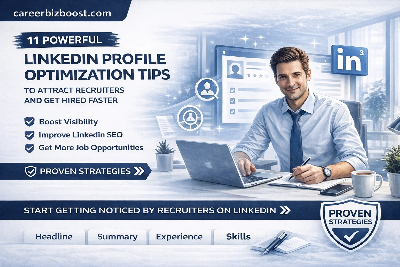 LinkedIn profile optimization tips showing professional improving profile to attract recruiters and increase job opportunities