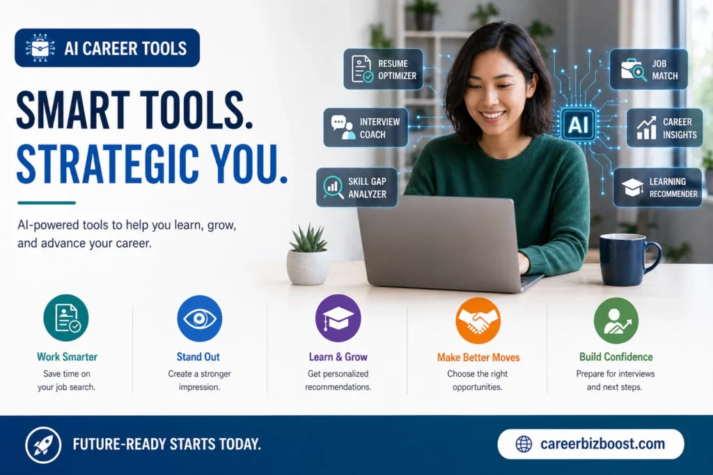 Professional using AI career tools and strategy for resume optimization, job matching, and career growth