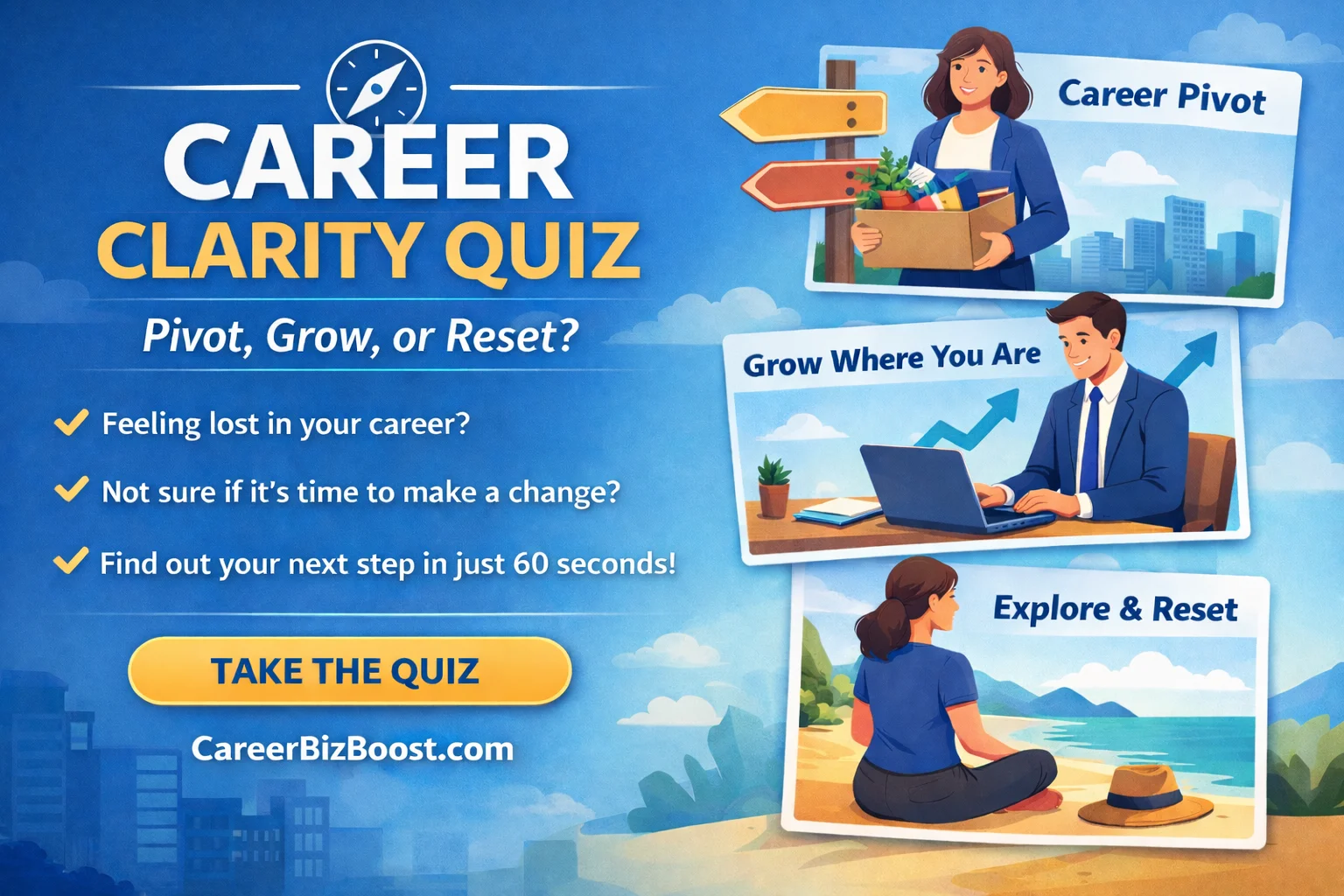Career clarity quiz to decide whether to pivot, grow, or reset your career at CareerBizBoost.com