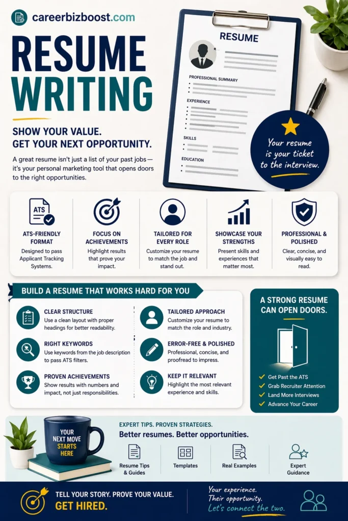 Resume writing concept showing ATS-friendly resume format, professional layout, and strategies to improve job interview chances