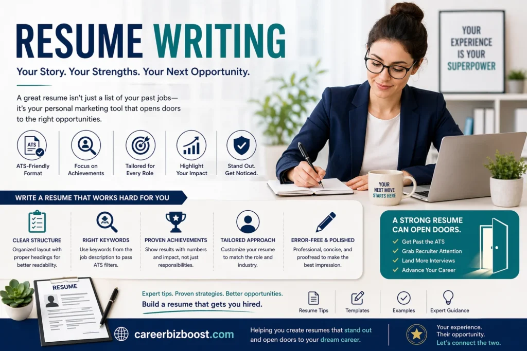resume writing process showing professional creating an ATS friendly resume with strong achievements and clear structure