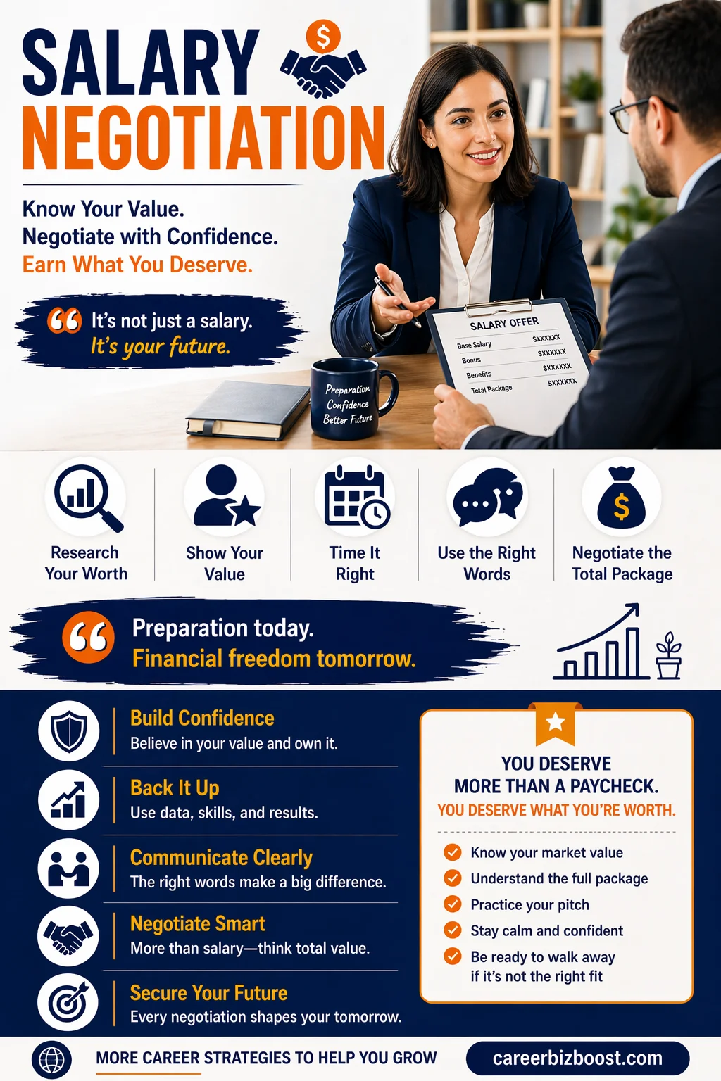 Professional discussing salary negotiation with hiring manager while reviewing offer document and planning to negotiate salary confidently for better compensation