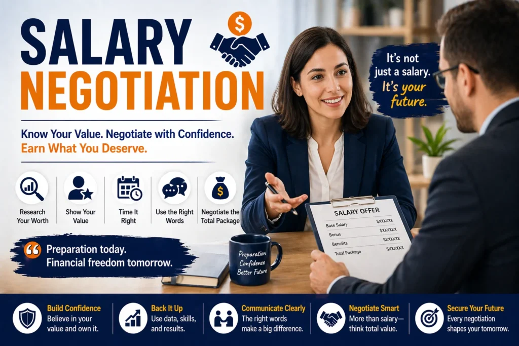 Professional discussing salary negotiation with hiring manager while reviewing offer document and planning to negotiate salary confidently for better compensation