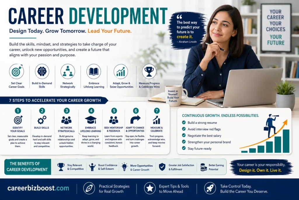 career development process showing professional planning goals building skills networking and growing career with structured strategy
