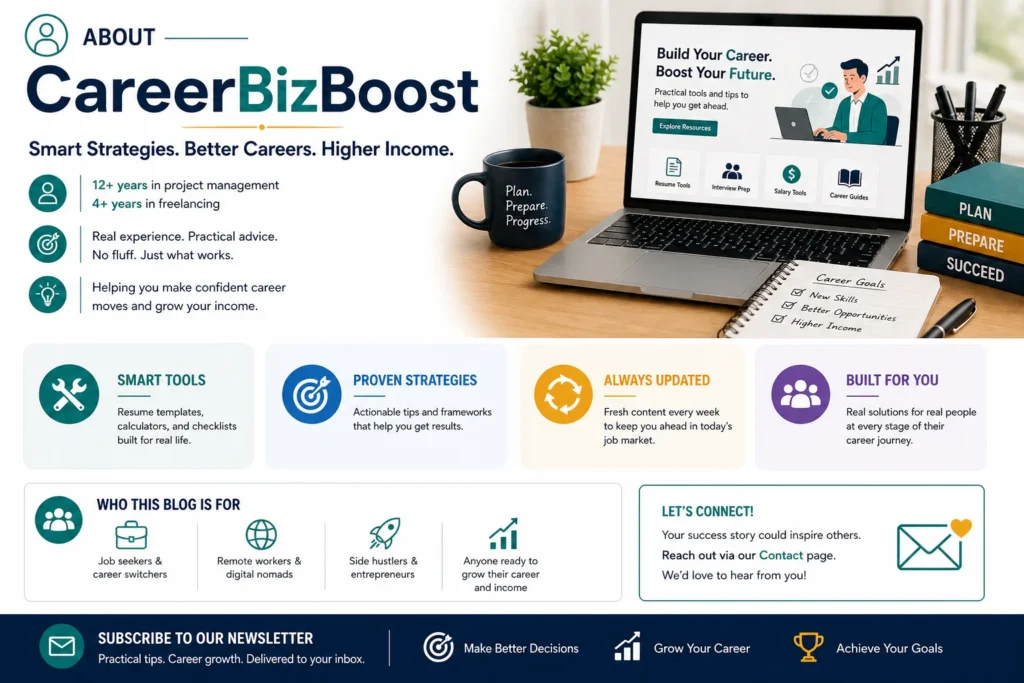 CareerBizBoost about page showing career growth strategies, resume tools, and professional development guidance