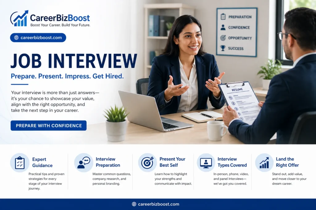 Professional job interview scene showing candidate confidently answering questions with recruiter, representing job interview preparation and career success strategies
