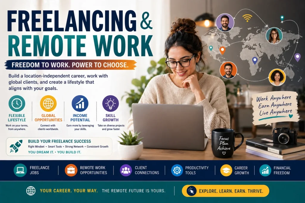 freelancing and remote work concept showing professional working online with global clients and flexible workspace