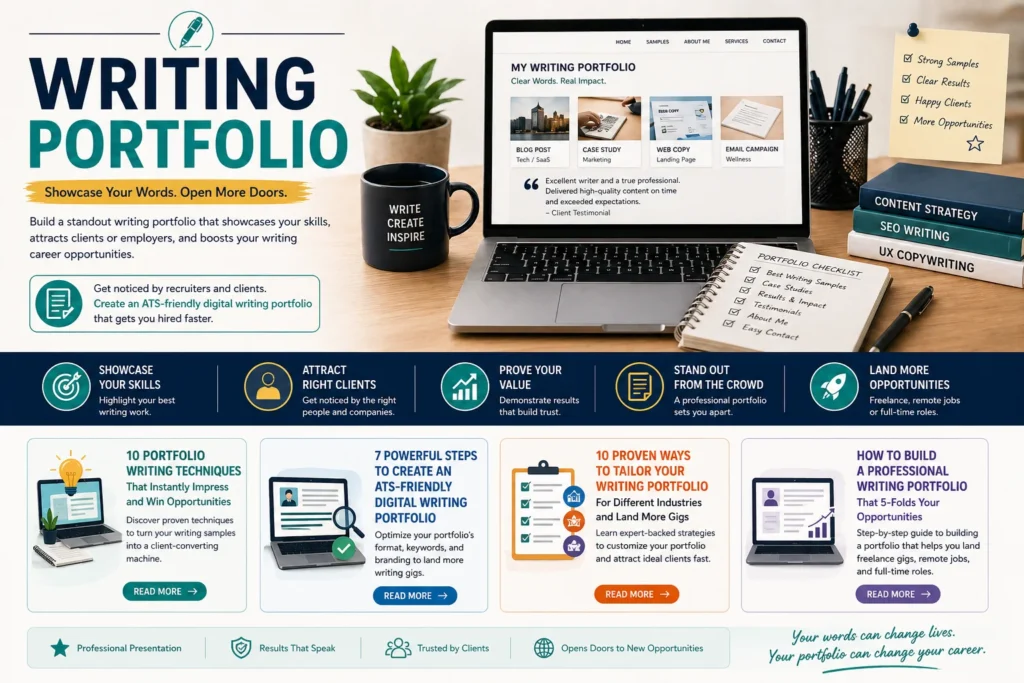 Writing portfolio example showing organized samples, case studies, and professional layout to attract clients and employers