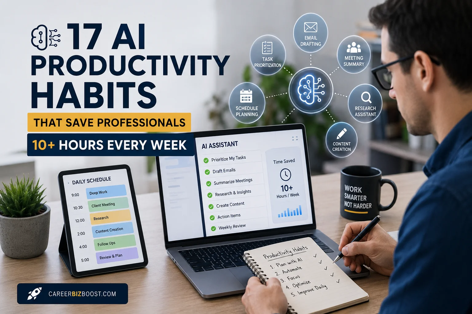 Professional using AI productivity habits to save time and automate work tasks
