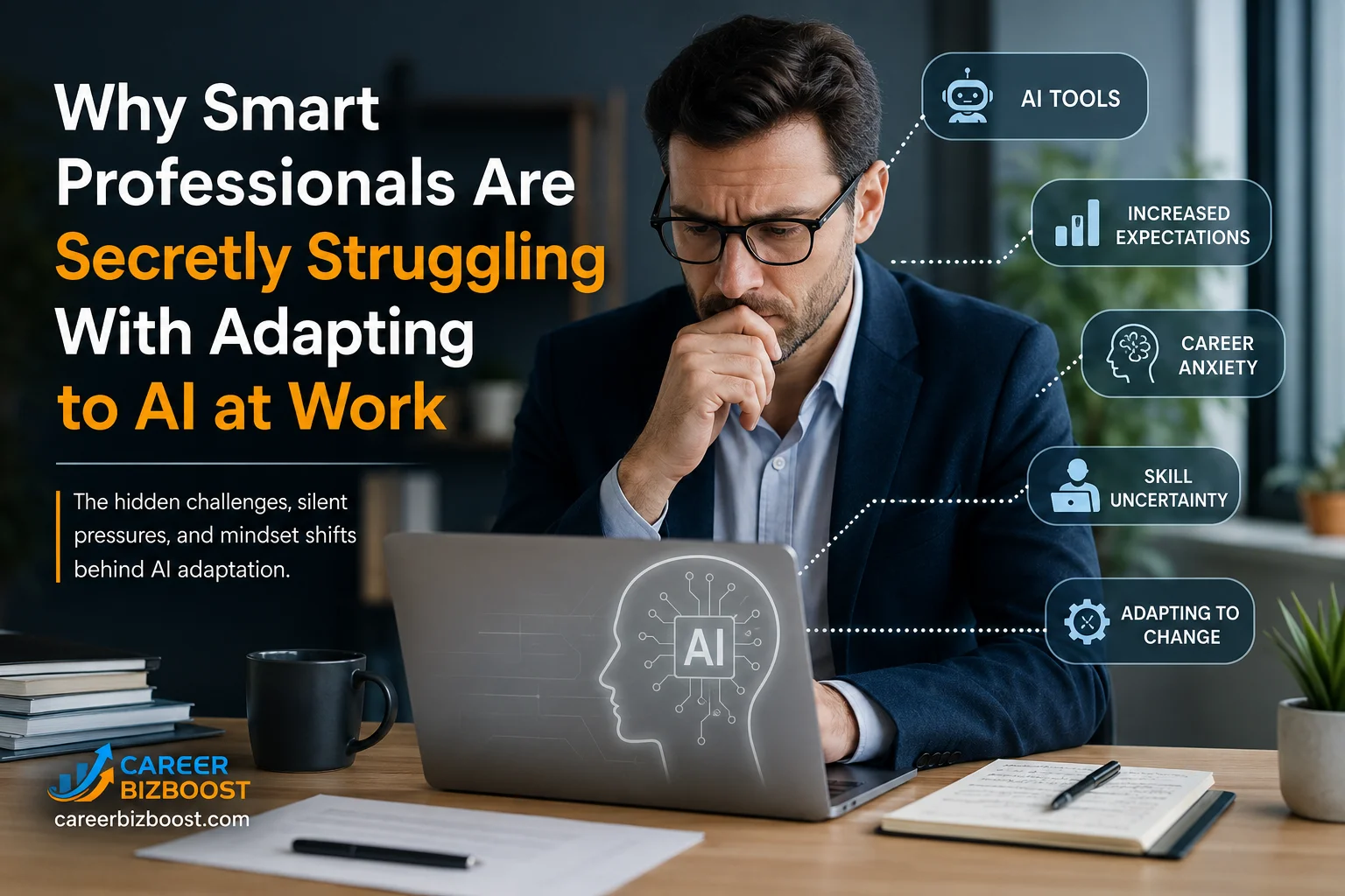 Professional emotionally adapting to AI at work in a modern technology-driven office