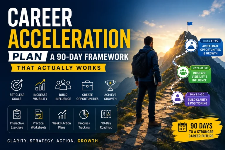 Professional career acceleration course banner featuring a professional climbing a mountain roadmap with three career growth phases: Build Clarity and Positioning, Increase Visibility and Influence, and Accelerate Opportunities and Growth.