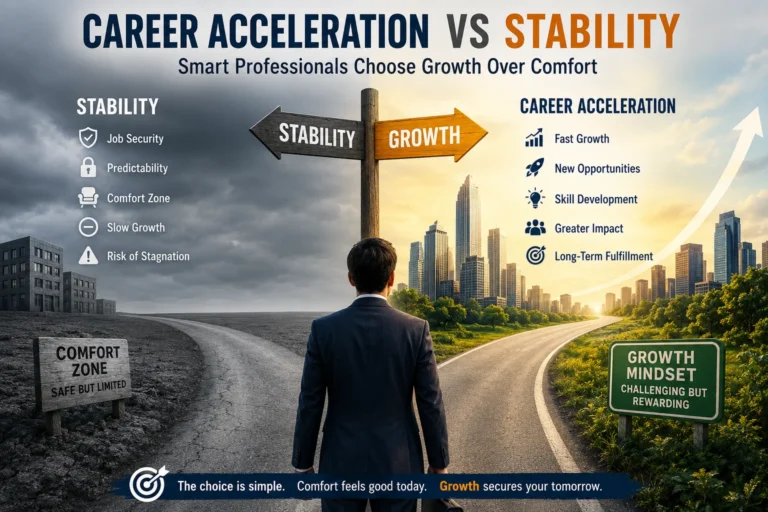 Career acceleration vs stability comparison showing a professional choosing between comfort zone and growth mindset for long-term career success.