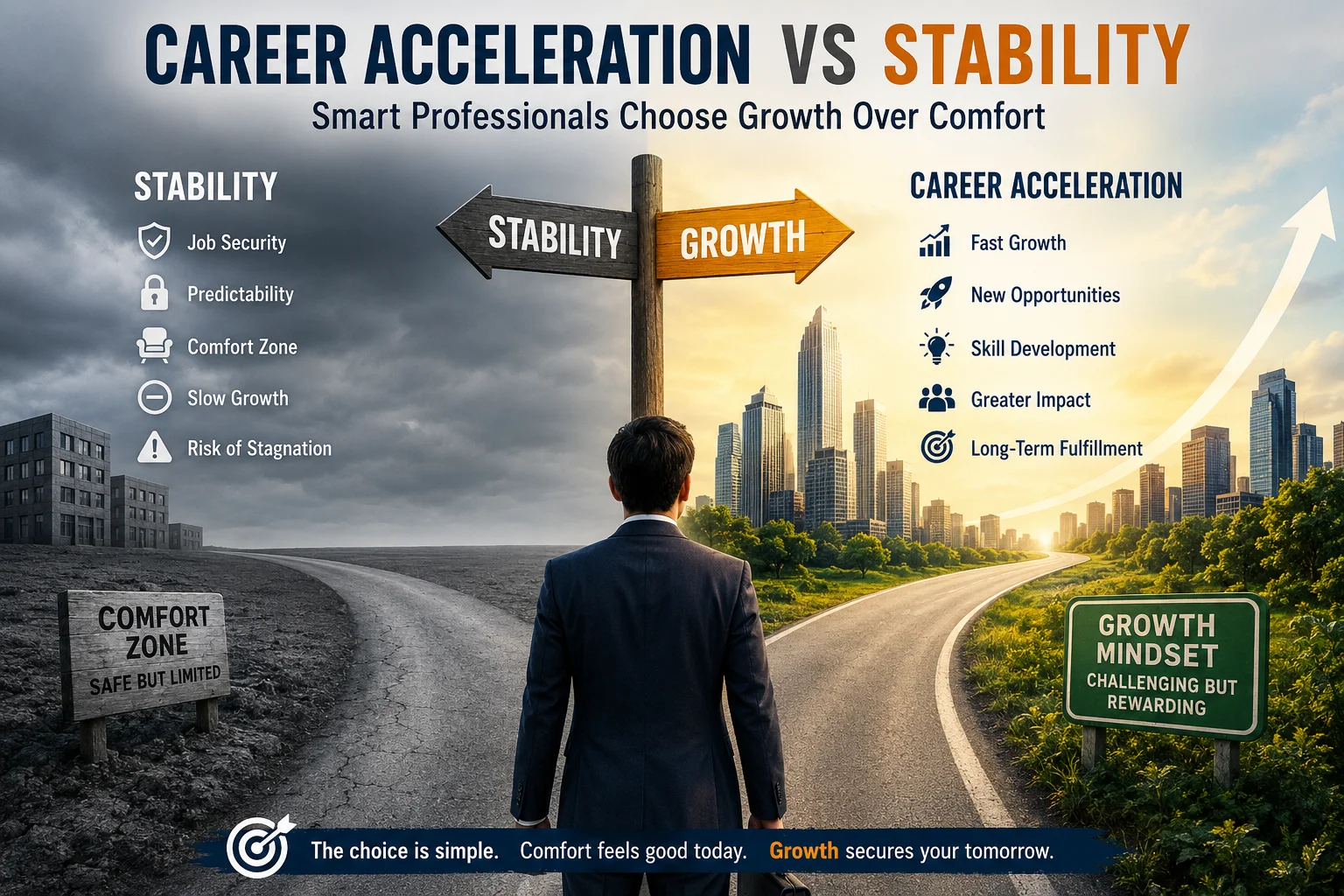 Career Acceleration vs Stability – Smart Professionals Choose Growth Over Comfort Career acceleration vs stability comparison showing a professional choosing between comfort zone and growth mindset for long-term career success.