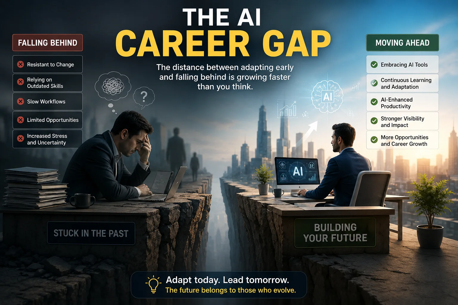 AI career gap showing professionals achieving AI career success through productivity, automation, and workplace adaptation