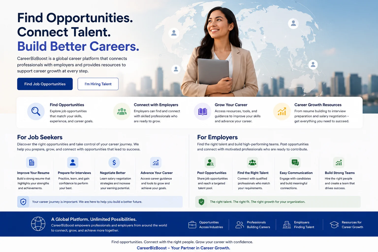 Career opportunities platform helping professionals find job opportunities, connect with employers, and grow their careers